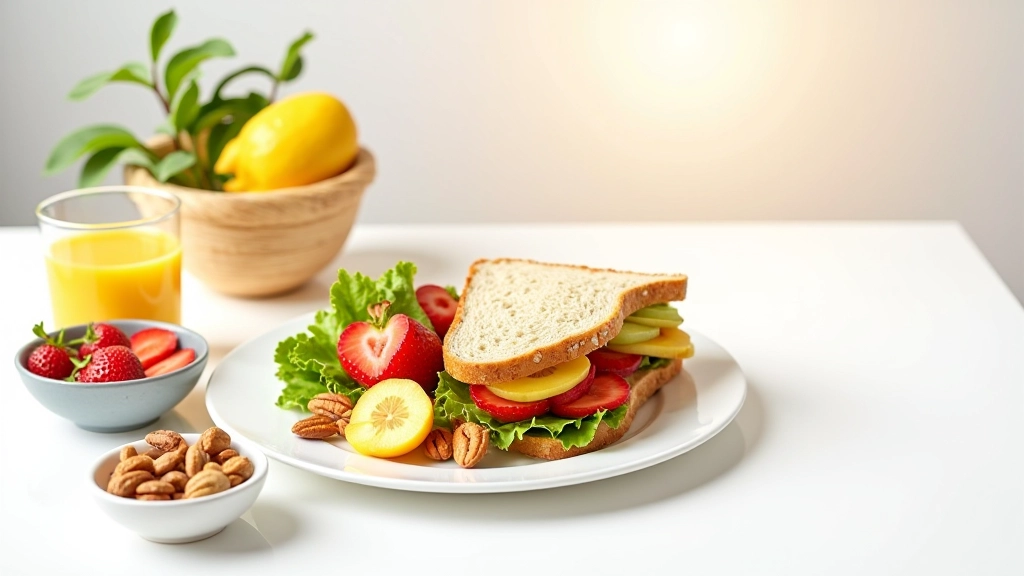 Bureau avec fruits frais, eau, noix et un sandwich équilibré, mise en place de déjeuner sain