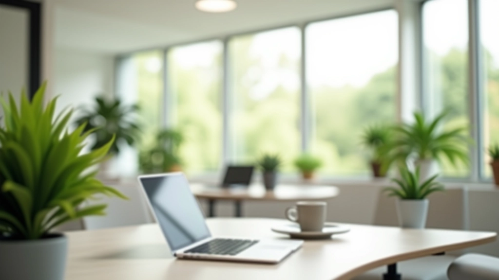 Espace de travail moderne avec bureaux, lumière naturelle et plantes vertes