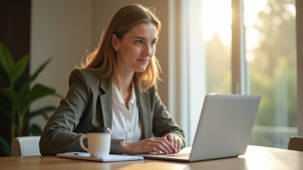 Personne travaillant à un bureau avec un café et un carnet, lumière naturelle du matin